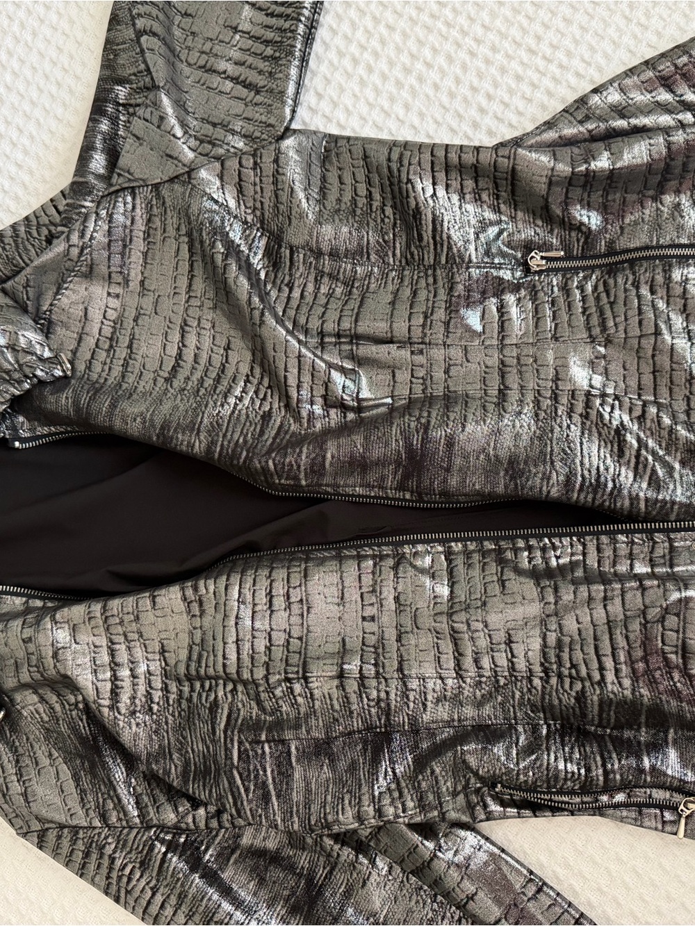 Chico's Metallic Croc-Textured Zip Front Blazer Jacket - Silver/Black